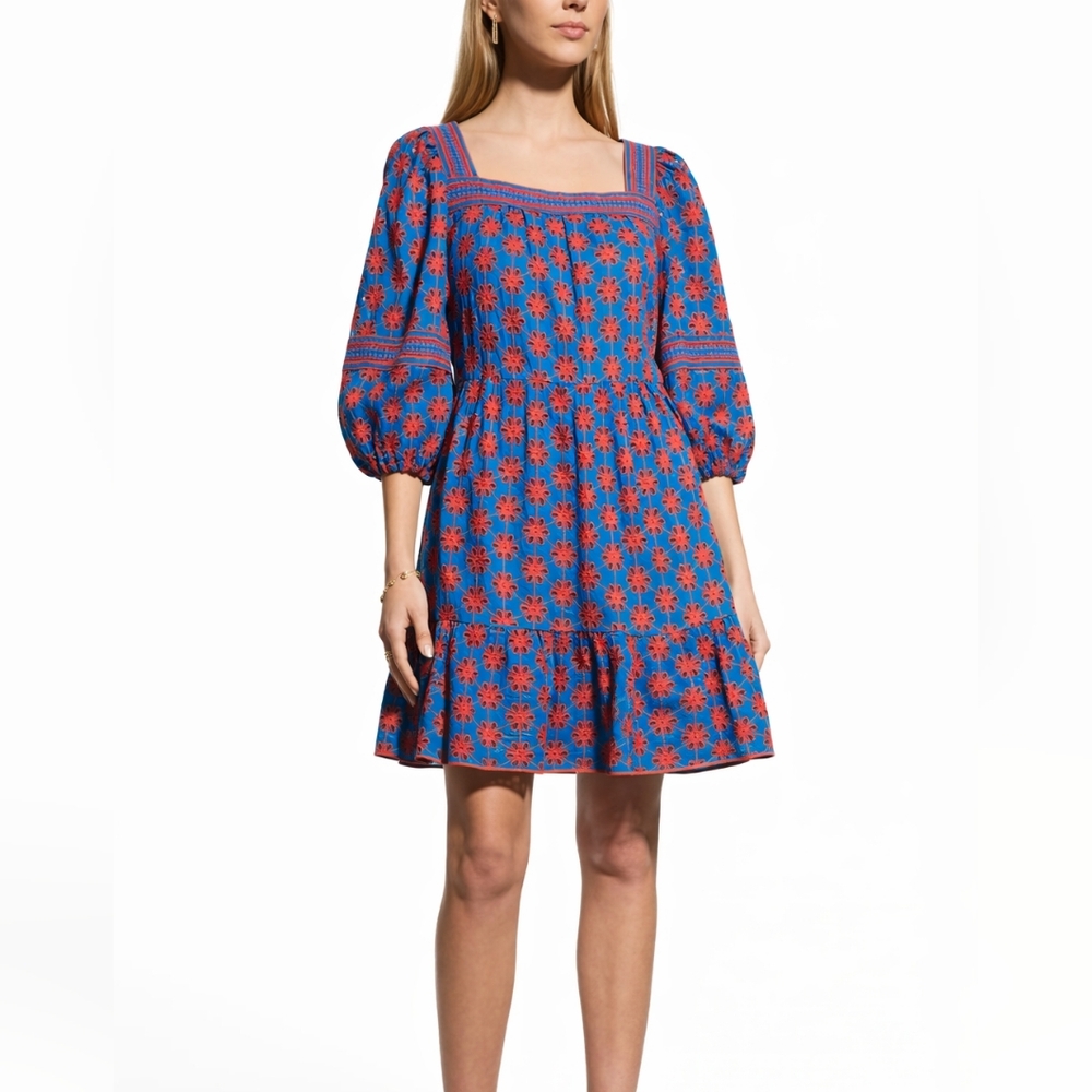 Shoshanna Eyelet Embroidered Square Neck Mini Dress Blue Coral Size 6 Boho